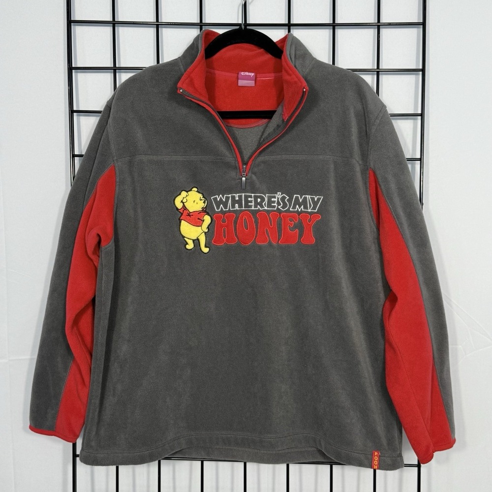Vintage 90s Disney Pooh Where's My Honey 1/4 Zip Pullover Womens XL Gray Fleece